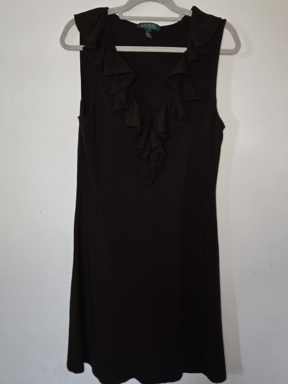Ralph Lauren Chocolate Brown Sleeveless‎ Ruffle V-Neck Midi Dress Size Xl